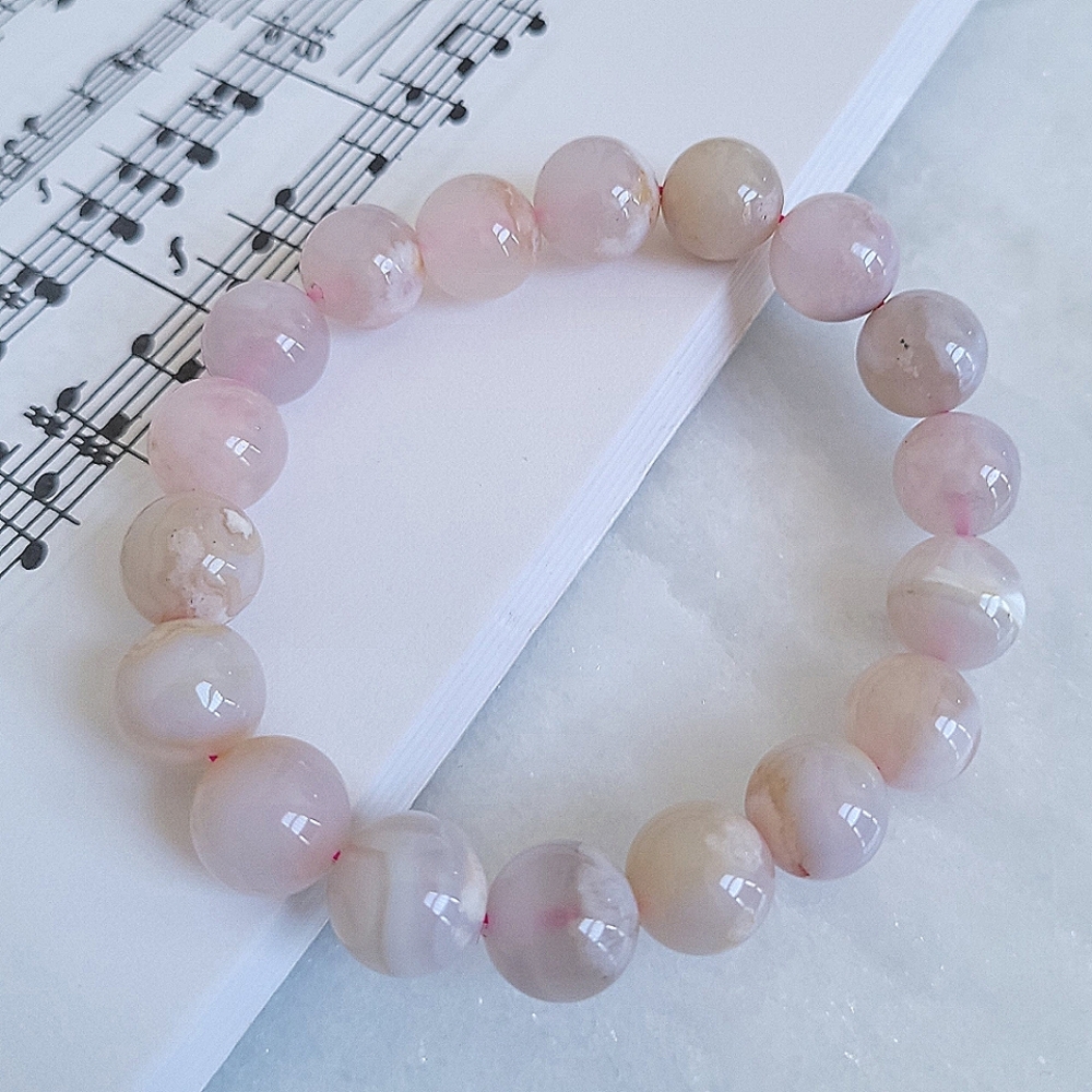 Genuine All Natural Cherry Bloosom Quartz Crystal Beaded Stretch Bracelet Nwt